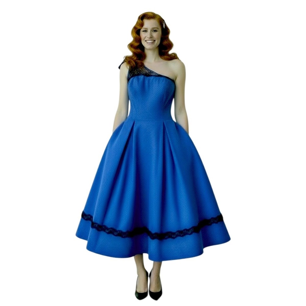 Bettie Page Dress M Wom Blue One Shoulder Mesh Rockabilly Pinup Swing Whimsigoth